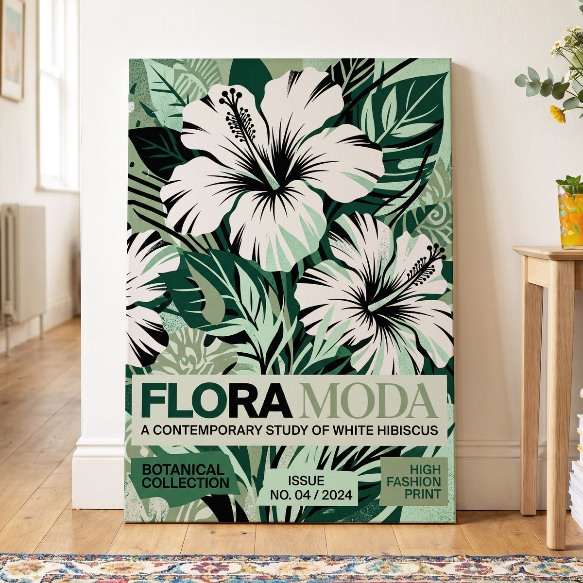 Emerald Hibiscus, green, white, black floral wall art on canvas displayed in a styled interior, gallery view 2