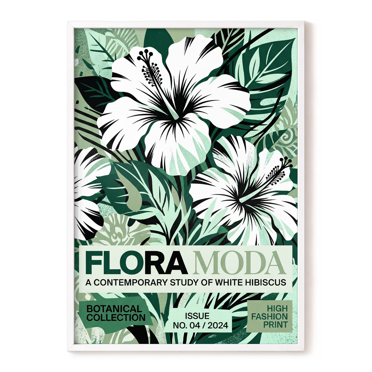 Emerald Hibiscus, green, white, black floral wall art, front artwork view