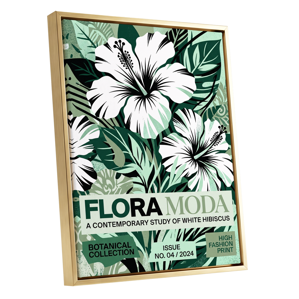 Emerald Hibiscus, green, white, black floral wall art shown as a gold framed canvas wall art