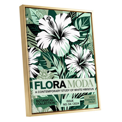 Emerald Hibiscus, green, white, black floral wall art shown as a gold framed canvas wall art