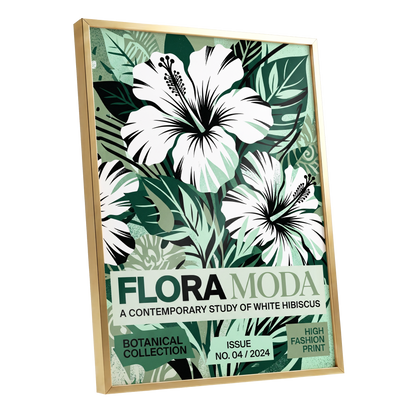 Emerald Hibiscus, green, white, black floral wall art shown as a gold framed poster wall art print