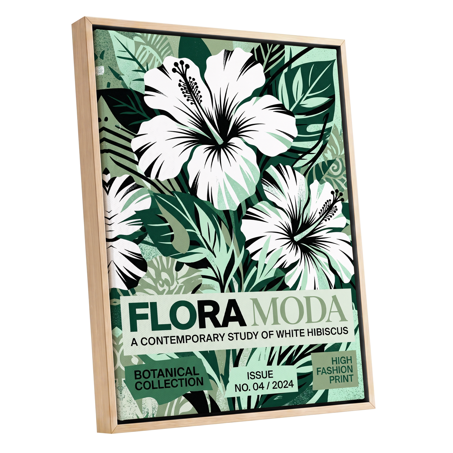 Emerald Hibiscus, green, white, black floral wall art shown as a oak framed canvas wall art