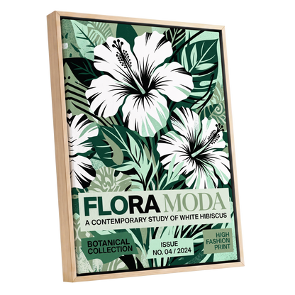 Emerald Hibiscus, green, white, black floral wall art shown as a oak framed canvas wall art