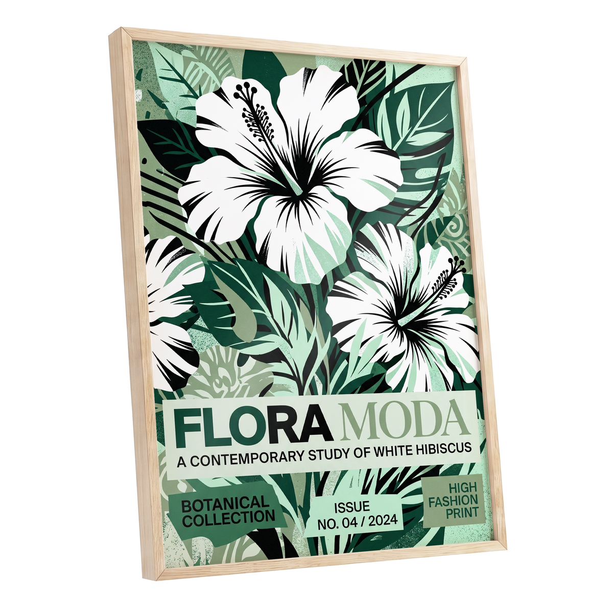 Emerald Hibiscus, green, white, black floral wall art shown as a oak framed poster wall art print
