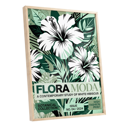 Emerald Hibiscus, green, white, black floral wall art shown as a oak framed poster wall art print