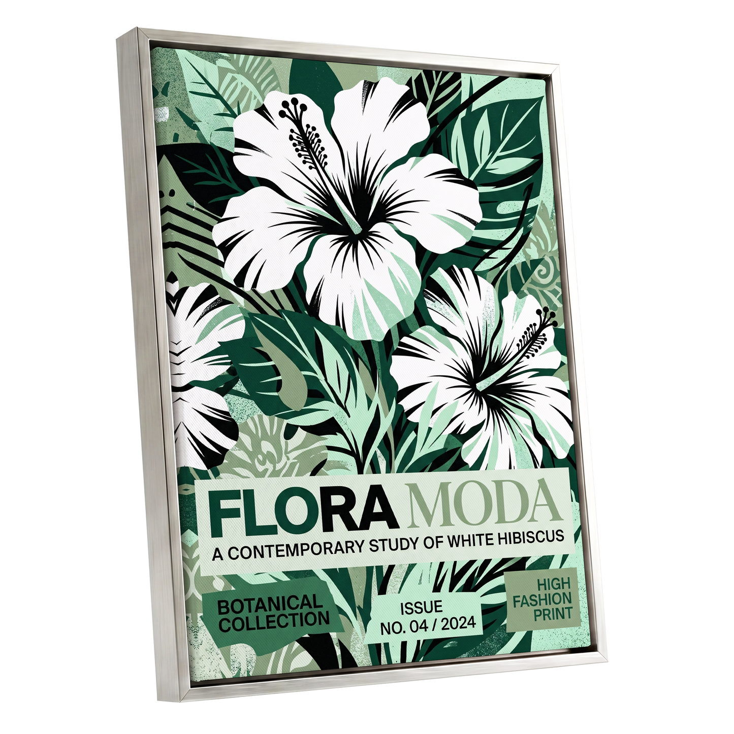 Emerald Hibiscus, green, white, black floral wall art shown as a silver framed canvas wall art