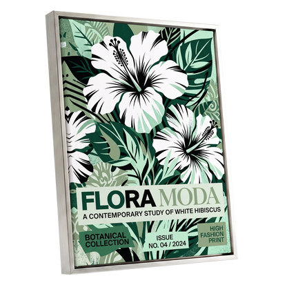 Emerald Hibiscus, green, white, black floral wall art shown as a silver framed canvas wall art