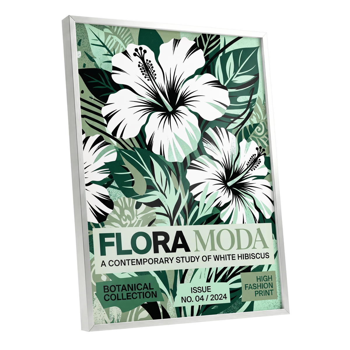 Emerald Hibiscus, green, white, black floral wall art shown as a silver framed poster wall art print