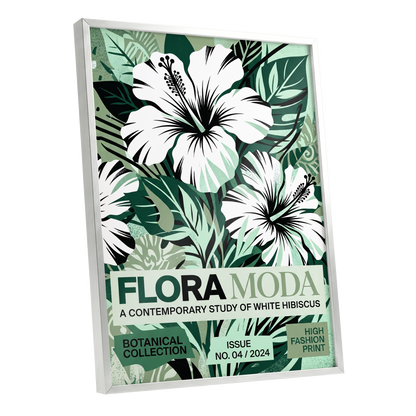 Emerald Hibiscus, green, white, black floral wall art shown as a silver framed poster wall art print