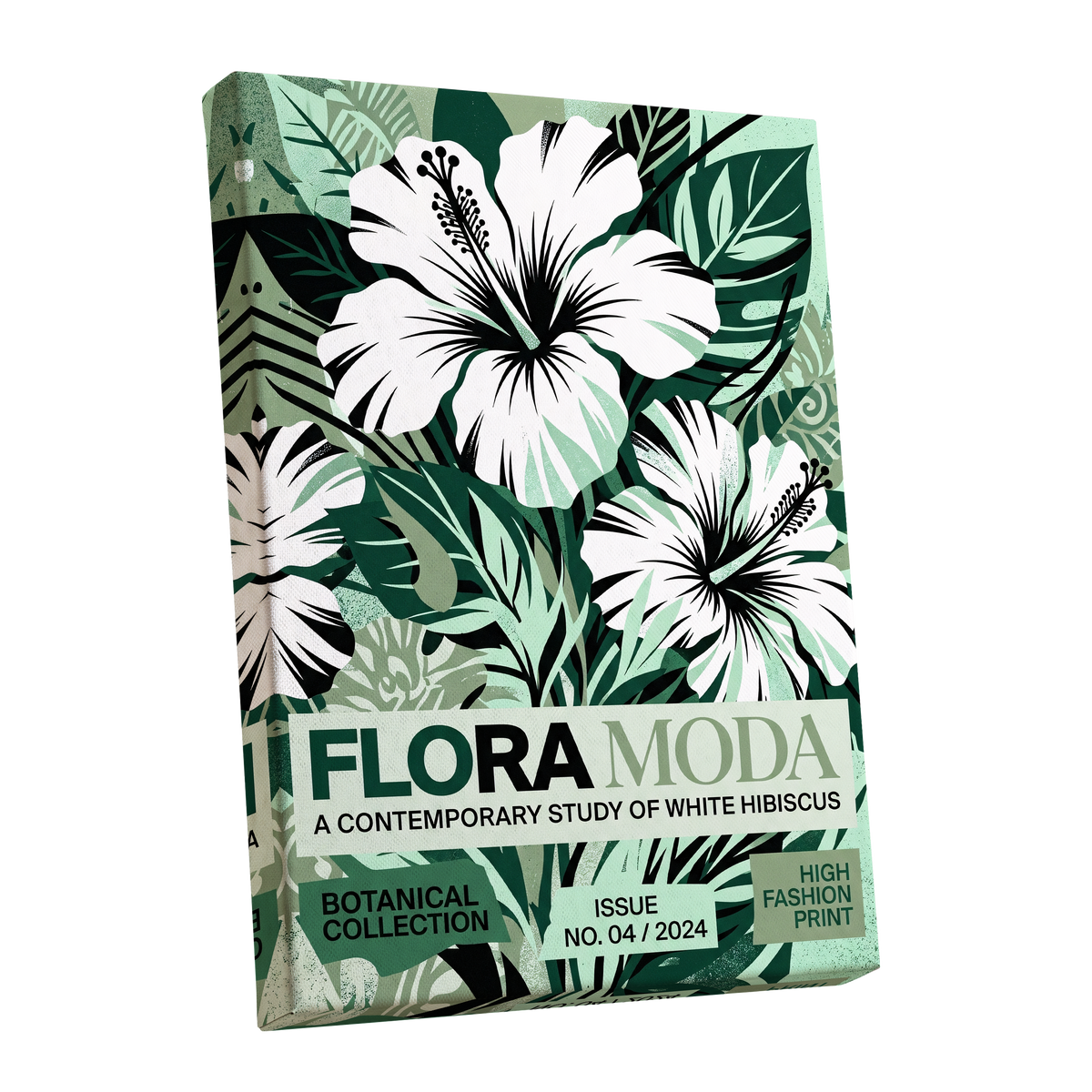 Emerald Hibiscus, green, white, black floral wall art shown as a stretched canvas wall art