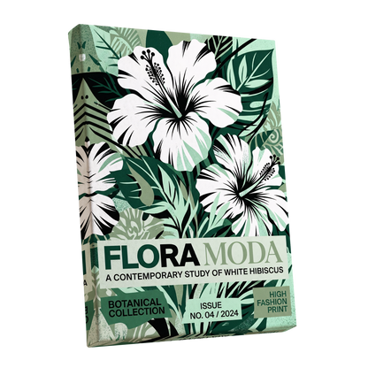 Emerald Hibiscus, green, white, black floral wall art shown as a stretched canvas wall art
