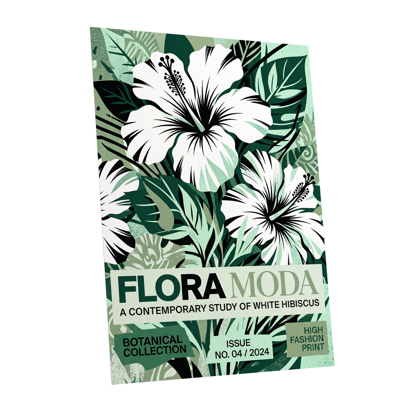Emerald Hibiscus, green, white, black floral wall art shown as a unframed poster wall art print
