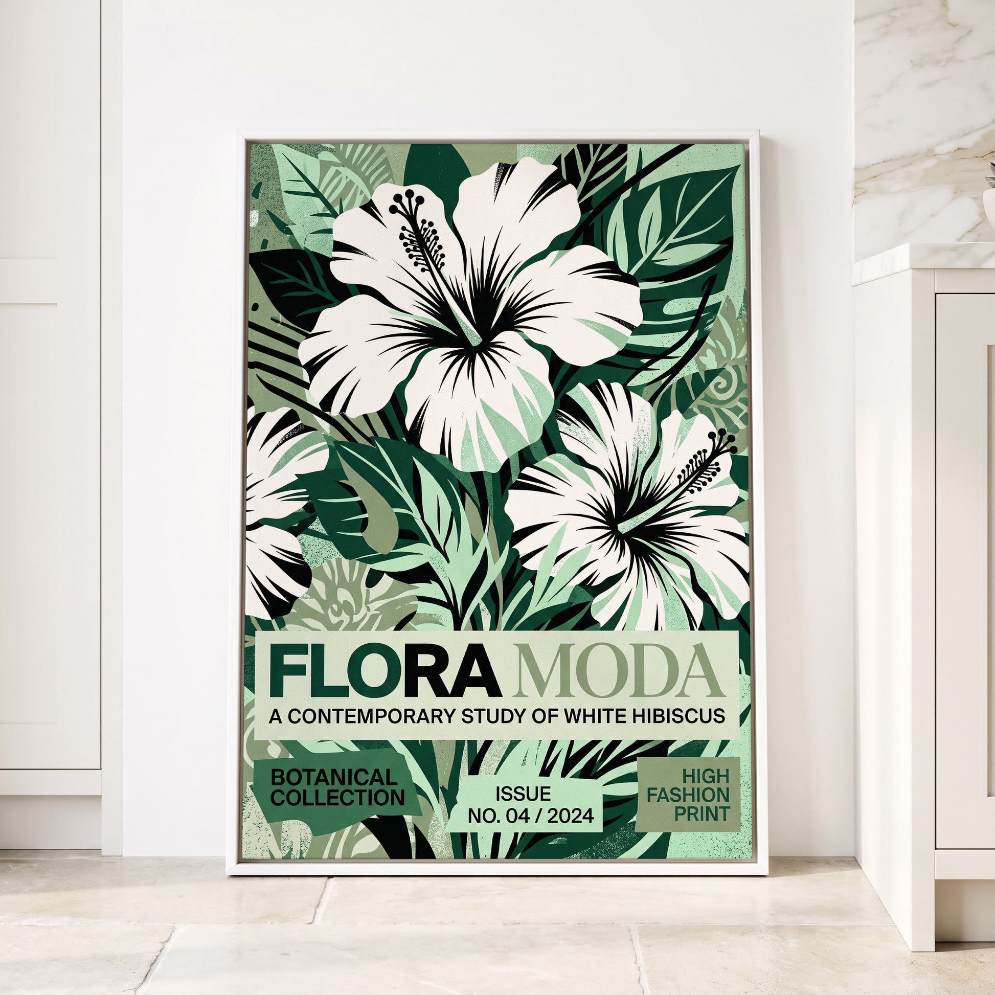 Emerald Hibiscus, green, white, black floral wall art displayed in a styled interior, gallery view 1