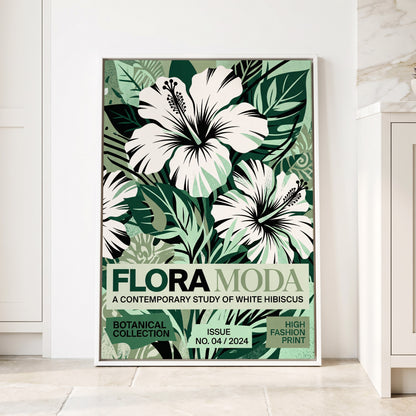 Emerald Hibiscus, green, white, black floral wall art displayed in a styled interior, gallery view 1