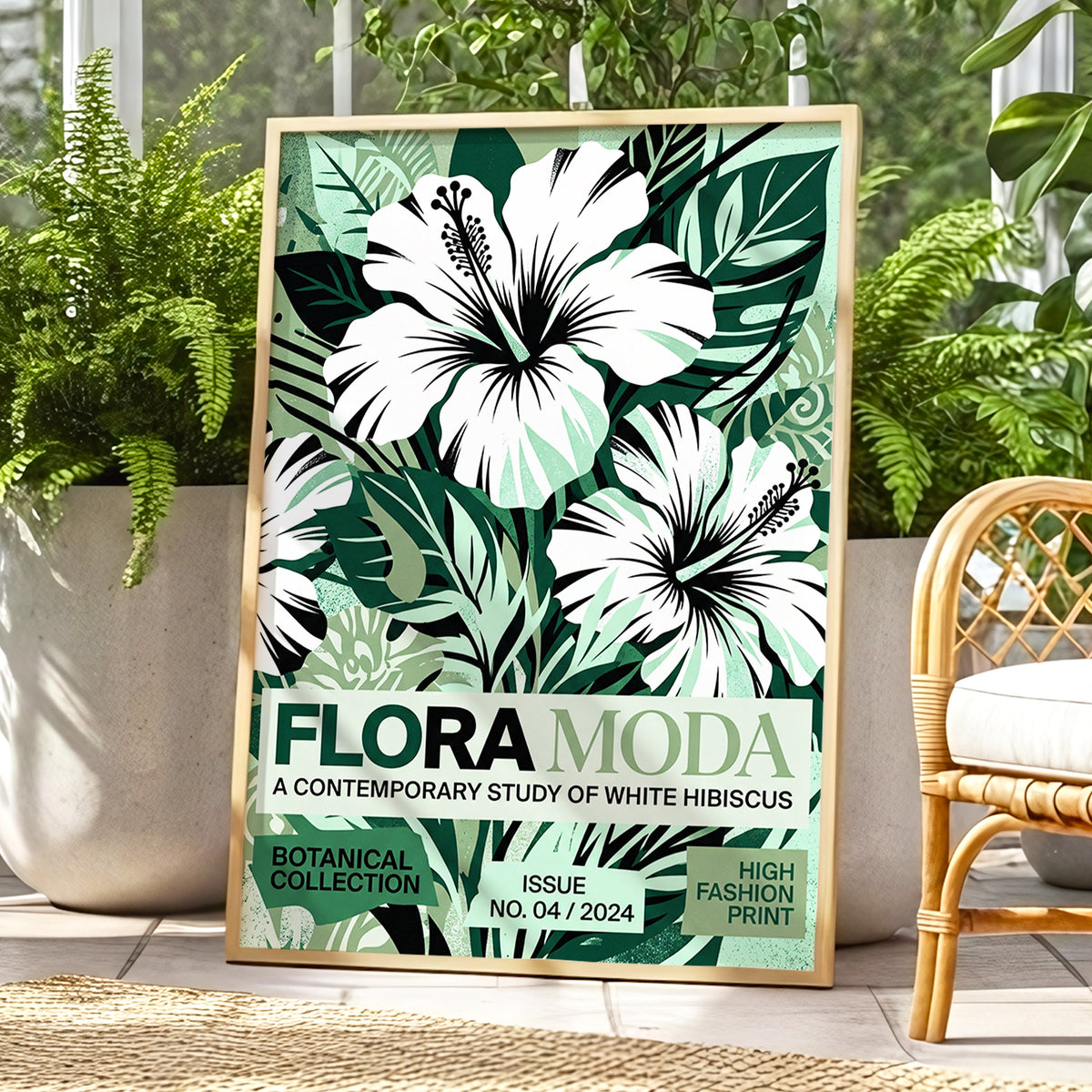 Emerald Hibiscus, green, white, black floral wall art displayed in a styled interior, gallery view 2