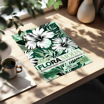 Emerald Hibiscus, green, white, black floral wall art displayed in a styled interior, gallery view 3