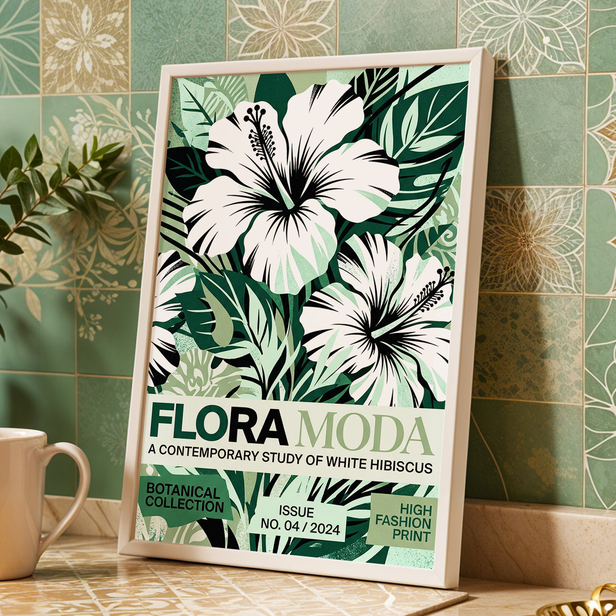 Emerald Hibiscus, green, white, black floral wall art displayed in a styled interior, gallery view 4