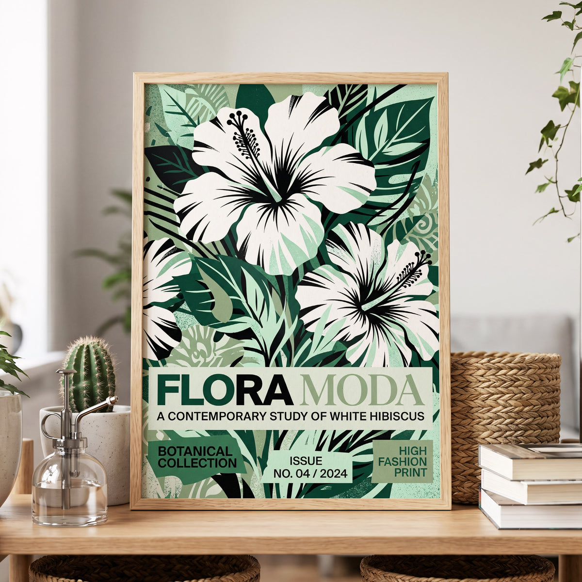 Emerald Hibiscus, green, white, black floral wall art displayed in a styled interior, gallery view 5