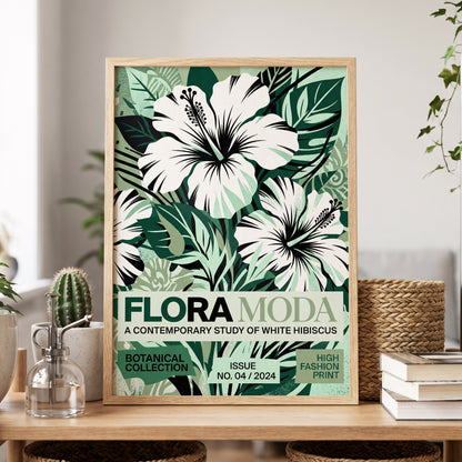 Emerald Hibiscus, green, white, black floral wall art displayed in a styled interior, gallery view 5