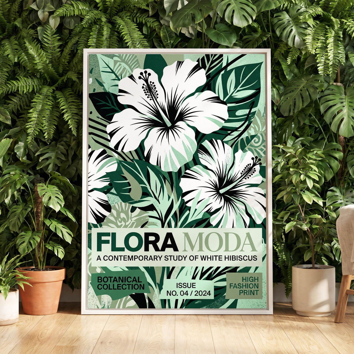 Emerald Hibiscus, green, white, black floral wall art displayed in a styled interior, gallery view 6