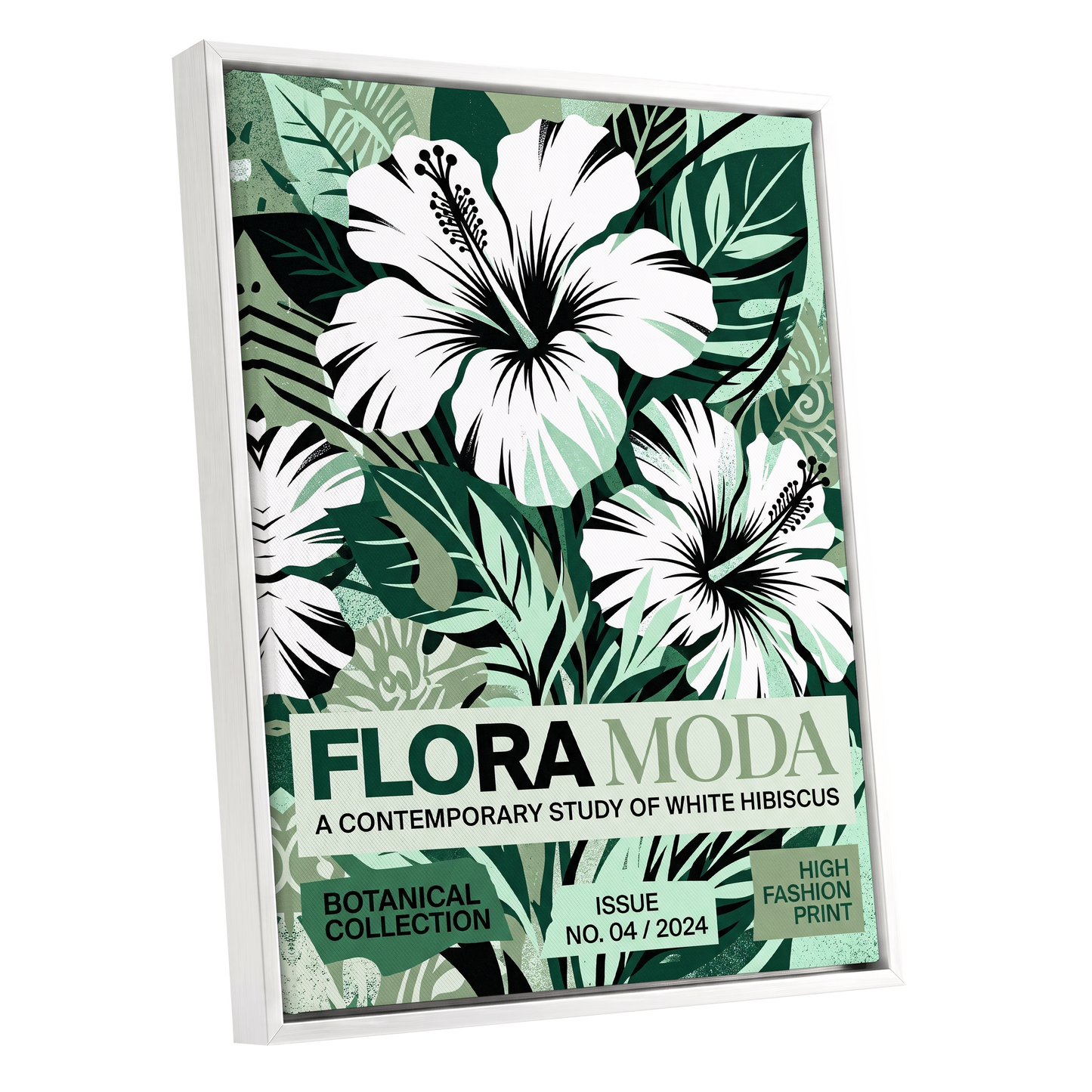 Emerald Hibiscus, green, white, black floral wall art shown as a white framed canvas wall art