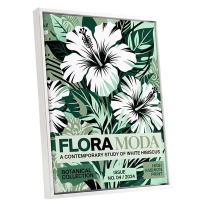 Emerald Hibiscus, green, white, black floral wall art shown as a white framed canvas wall art