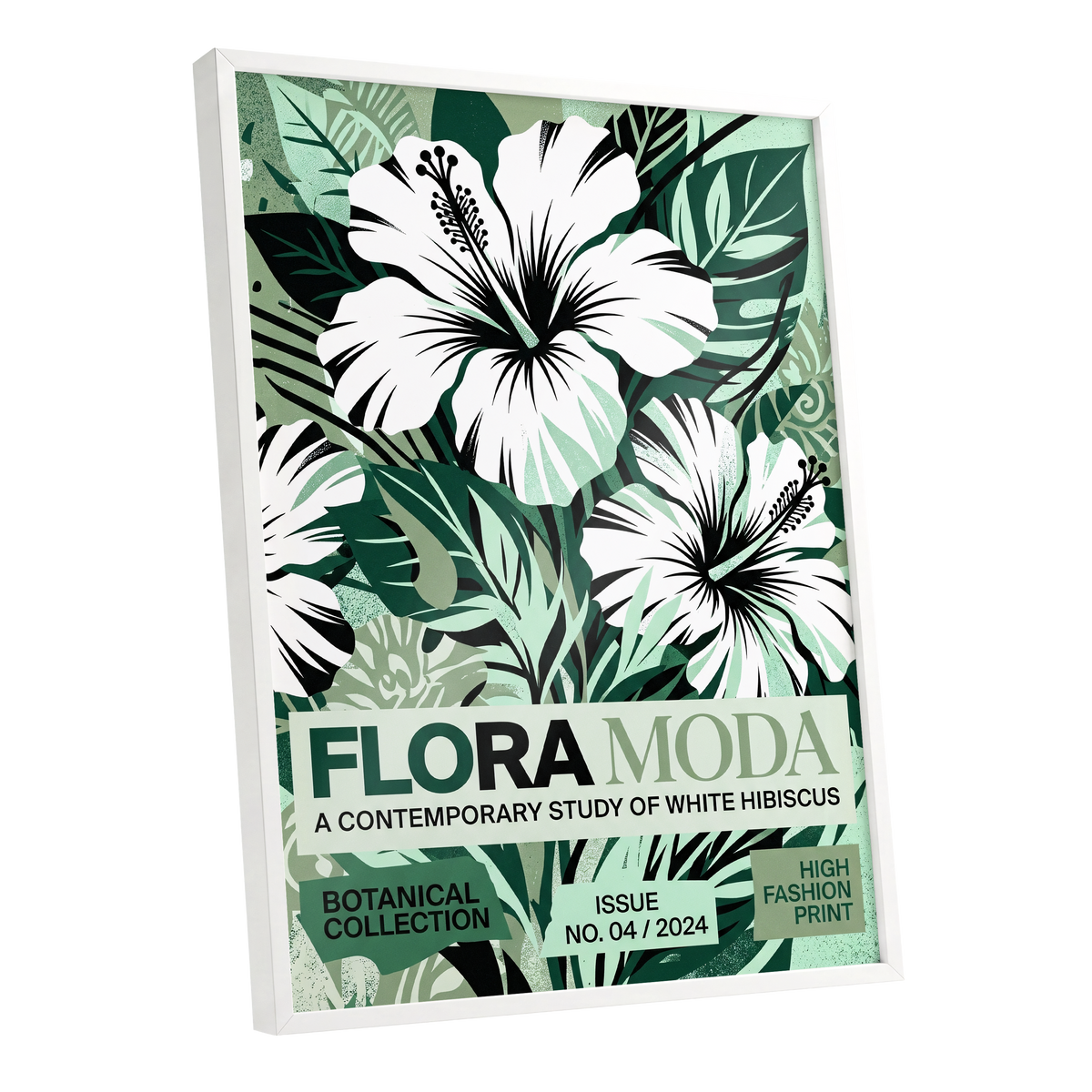 Emerald Hibiscus, green, white, black floral wall art shown as a white framed poster wall art print