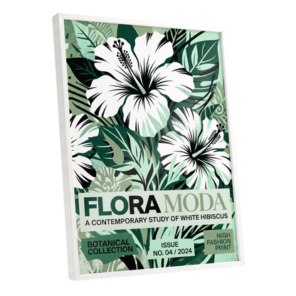 Emerald Hibiscus, green, white, black floral wall art shown as a white framed poster wall art print