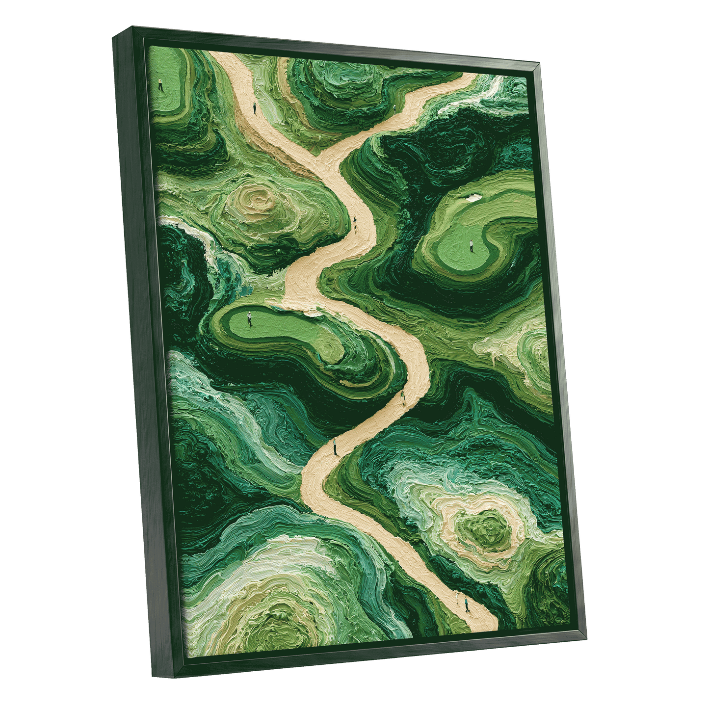 Emerald Pathways, green, beige, black nature wall art shown as a black framed canvas wall art