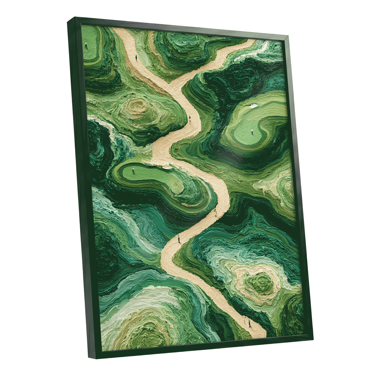 Emerald Pathways, green, beige, black nature wall art shown as a black framed poster wall art print