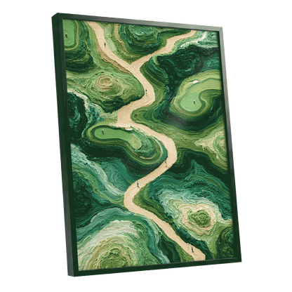 Emerald Pathways, green, beige, black nature wall art shown as a black framed poster wall art print
