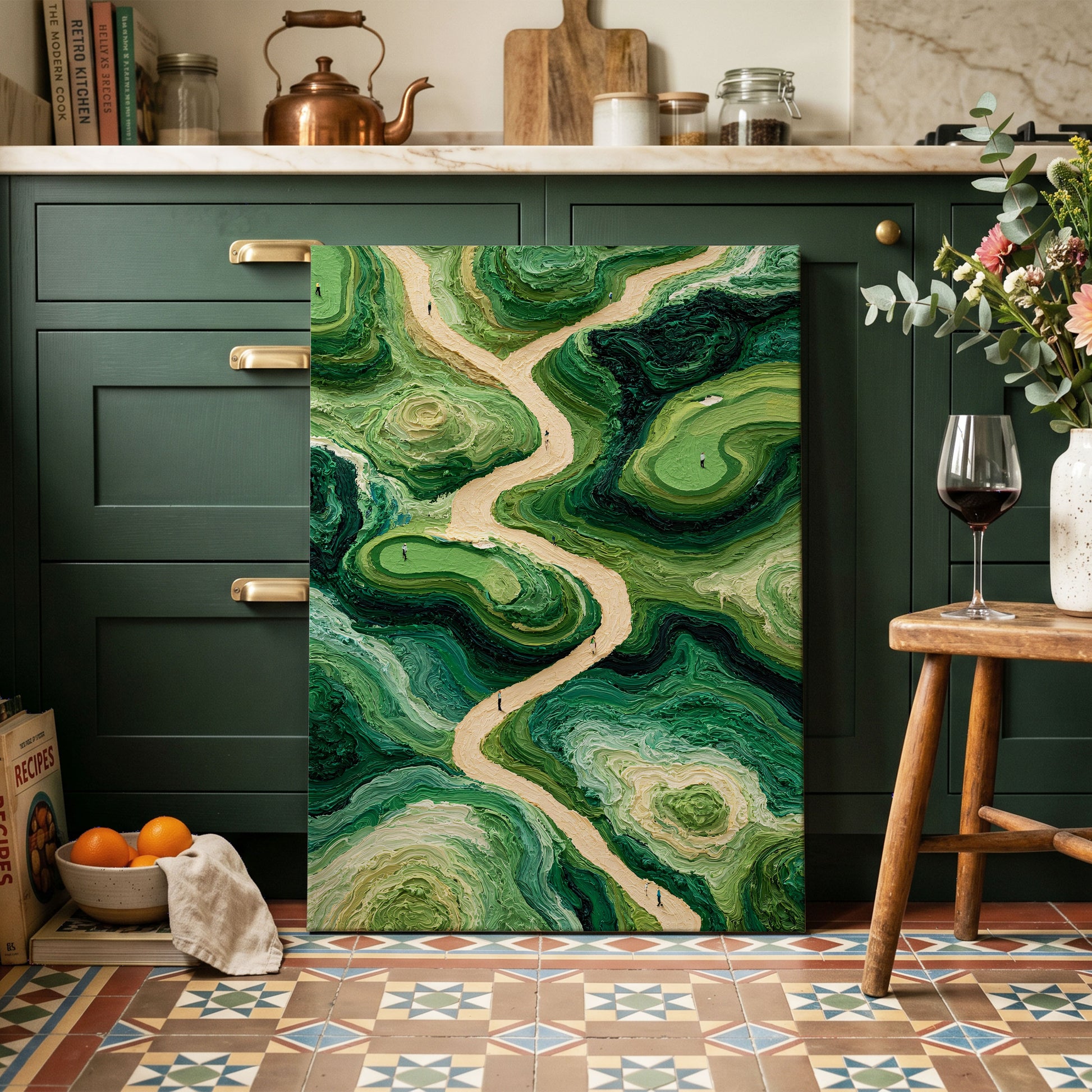 Emerald Pathways, green, beige, black nature wall art on canvas displayed in a styled interior, gallery view 1