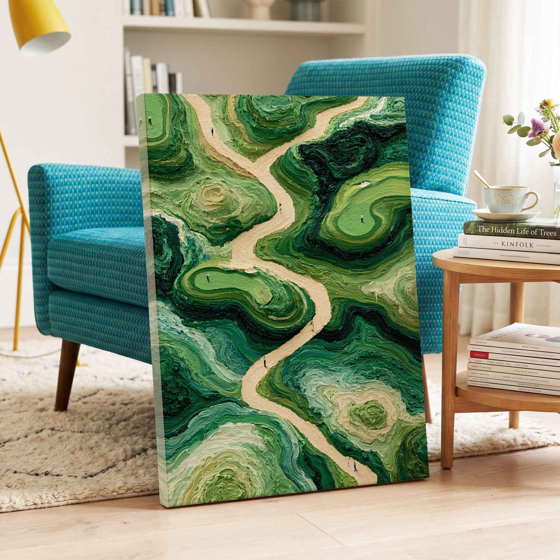 Emerald Pathways, green, beige, black nature wall art on canvas displayed in a styled interior, gallery view 2