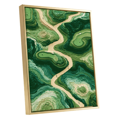 Emerald Pathways, green, beige, black nature wall art shown as a gold framed canvas wall art