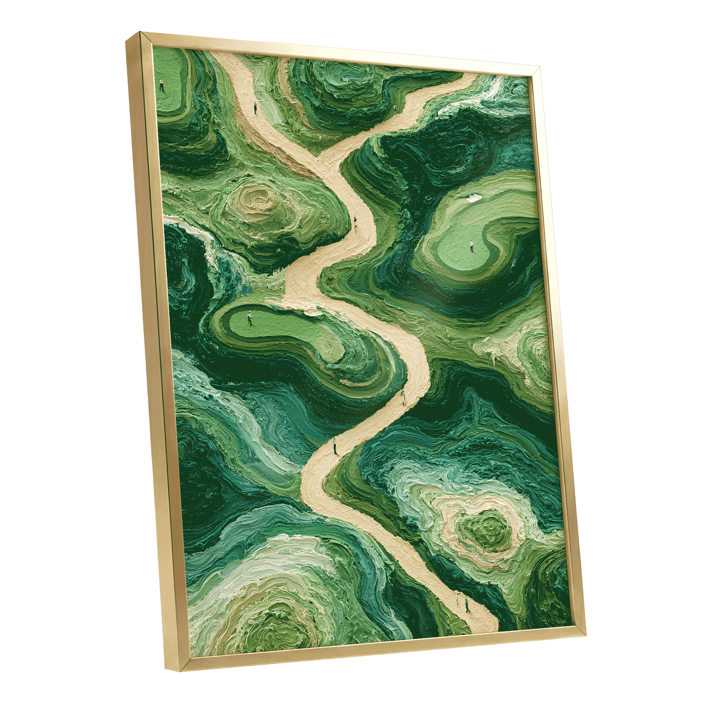 Emerald Pathways, green, beige, black nature wall art shown as a gold framed poster wall art print