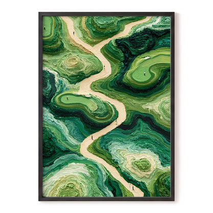 Emerald Pathways, green, beige, black nature wall art, front artwork view