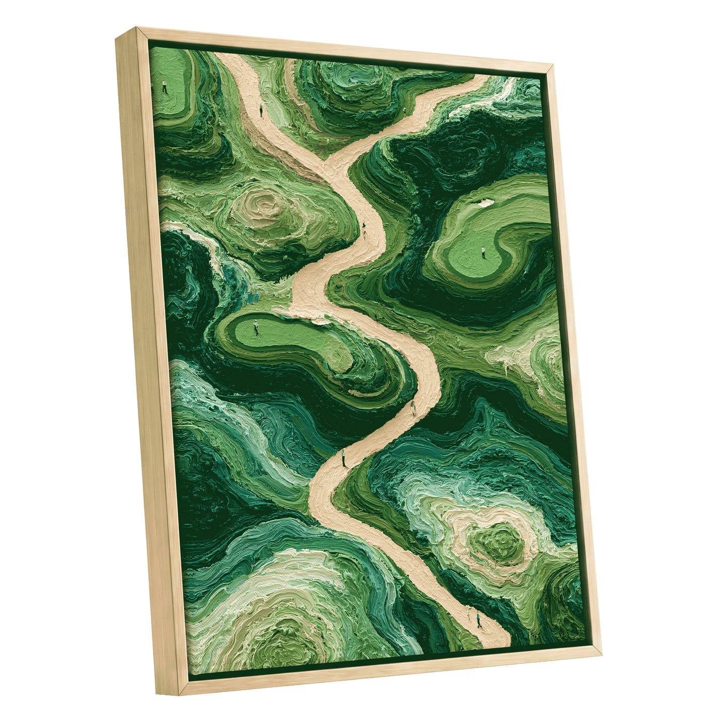 Emerald Pathways, green, beige, black nature wall art shown as a oak framed canvas wall art