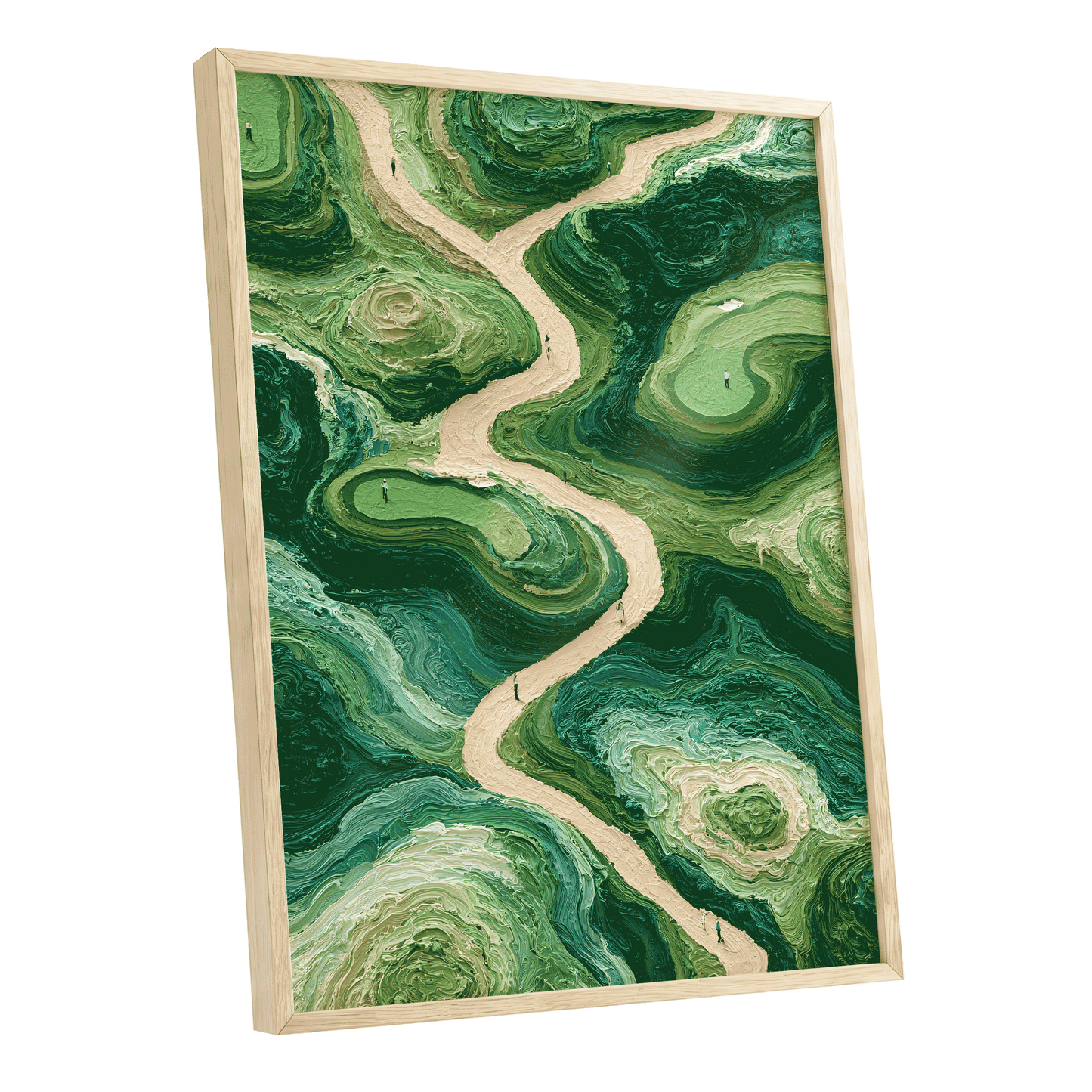 Emerald Pathways, green, beige, black nature wall art shown as a oak framed poster wall art print