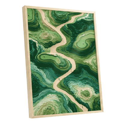 Emerald Pathways, green, beige, black nature wall art shown as a oak framed poster wall art print