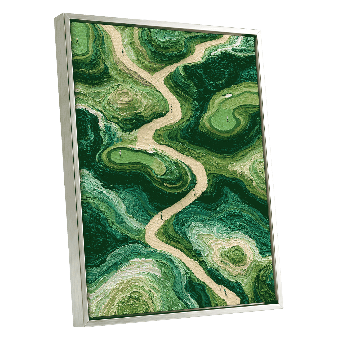 Emerald Pathways, green, beige, black nature wall art shown as a silver framed canvas wall art