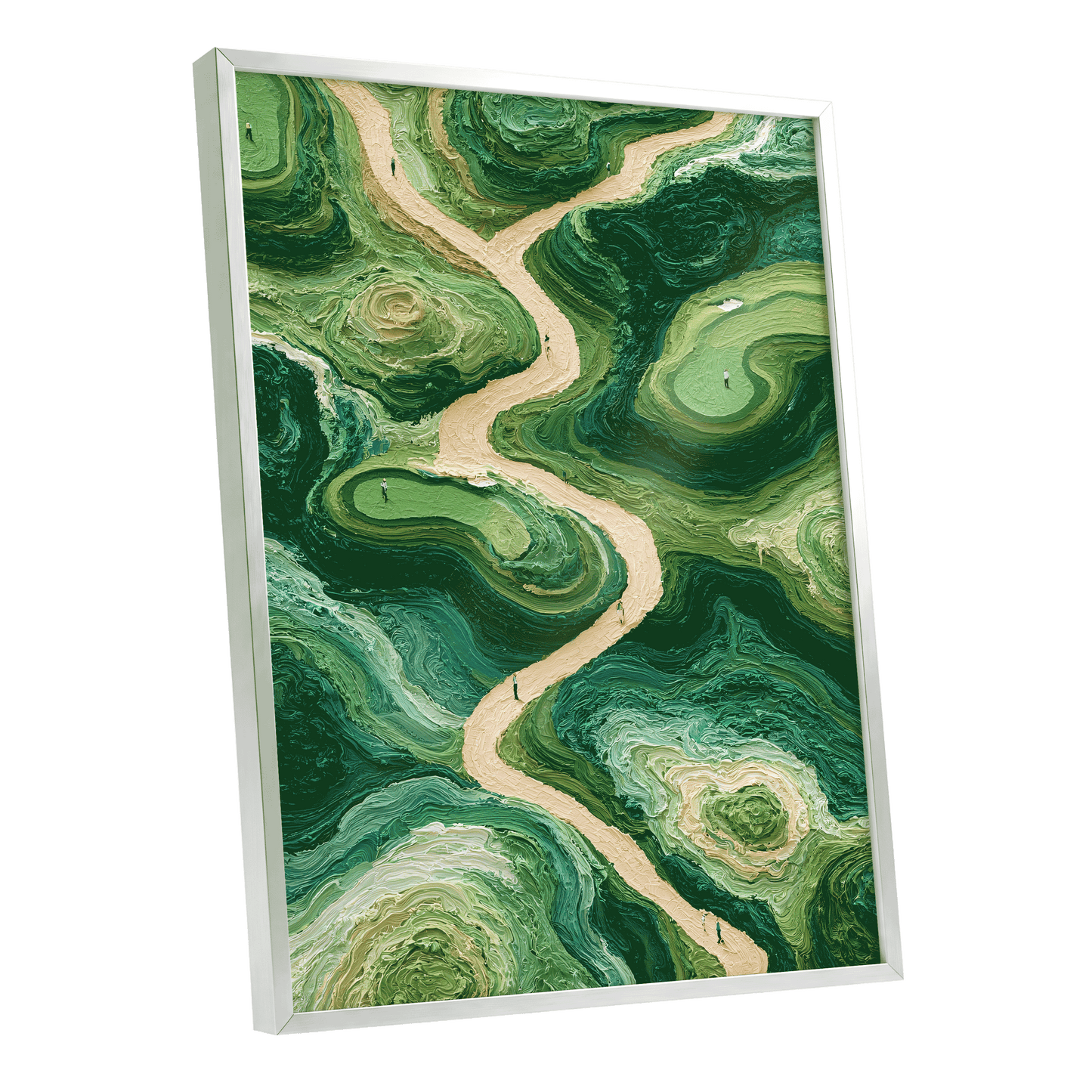 Emerald Pathways, green, beige, black nature wall art shown as a silver framed poster wall art print