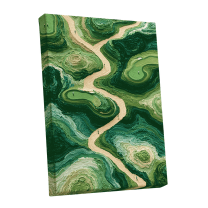 Emerald Pathways, green, beige, black nature wall art shown as a stretched canvas wall art
