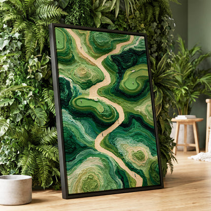 Emerald Pathways, green, beige, black nature wall art displayed in a styled interior, gallery view 1