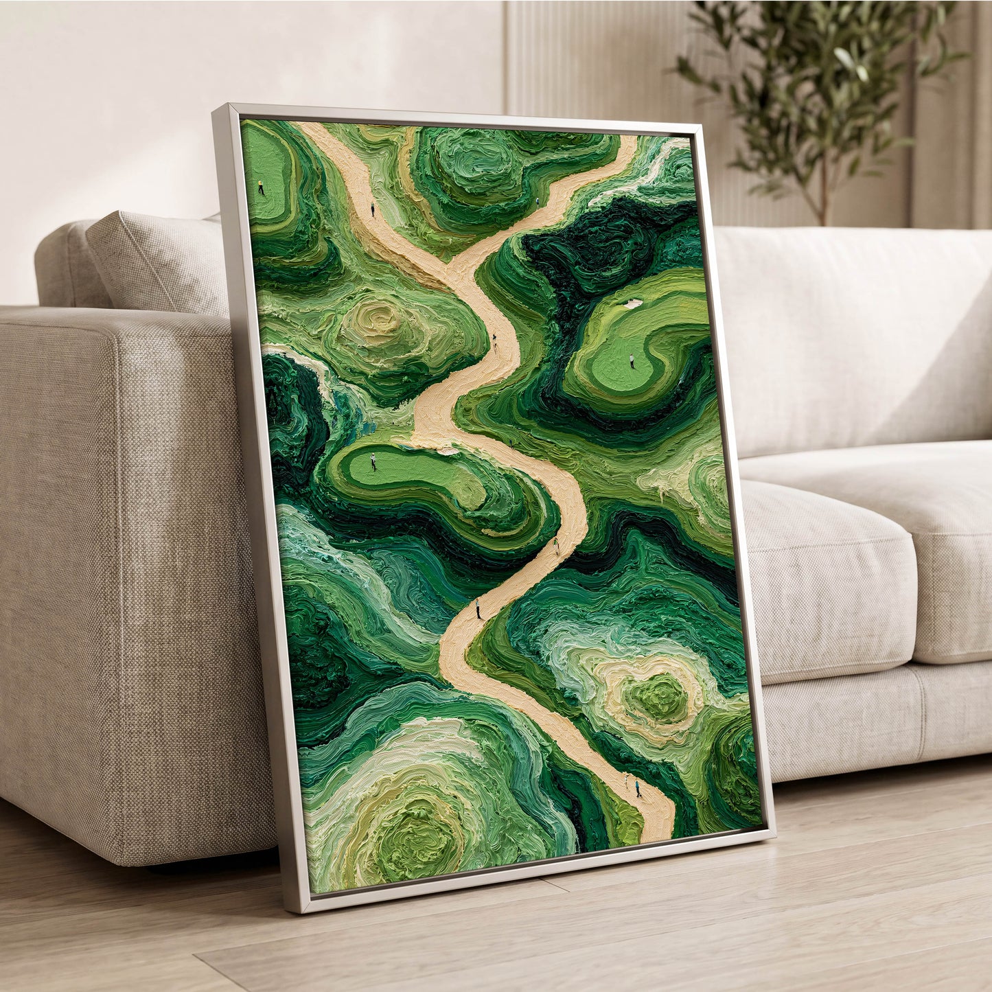 Emerald Pathways, green, beige, black nature wall art displayed in a styled interior, gallery view 2