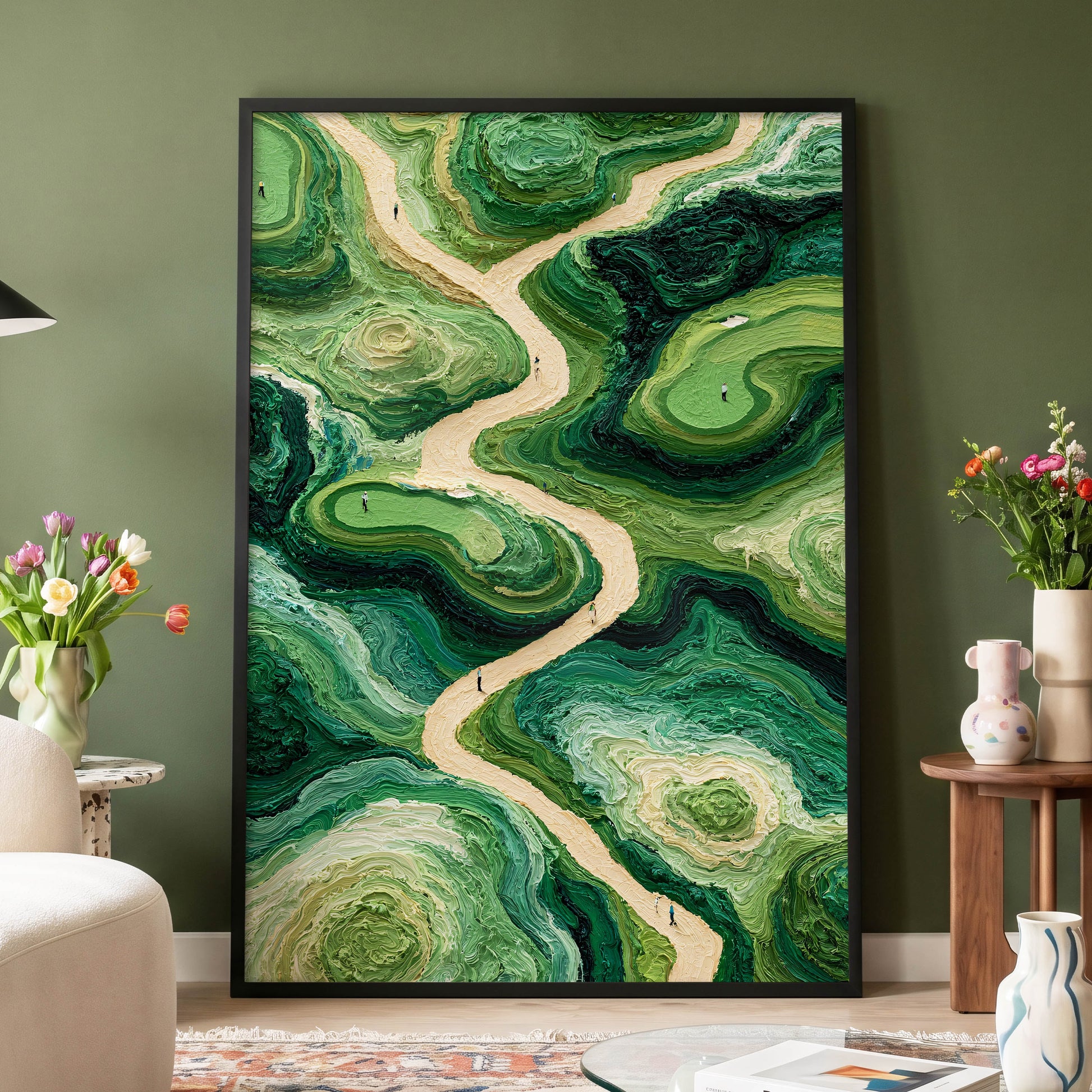 Emerald Pathways, green, beige, black nature wall art displayed in a styled interior, gallery view 4