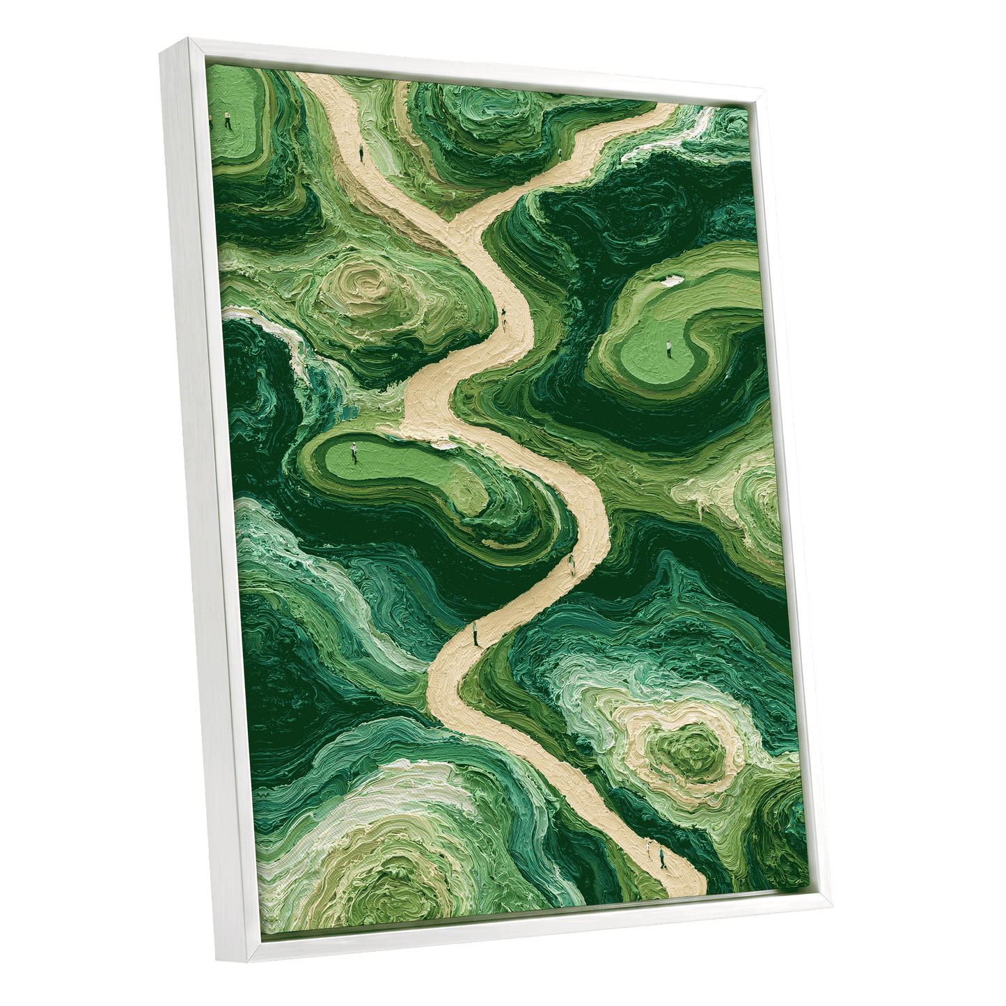 Emerald Pathways, green, beige, black nature wall art shown as a white framed canvas wall art