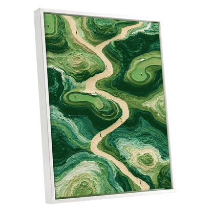 Emerald Pathways, green, beige, black nature wall art shown as a white framed canvas wall art