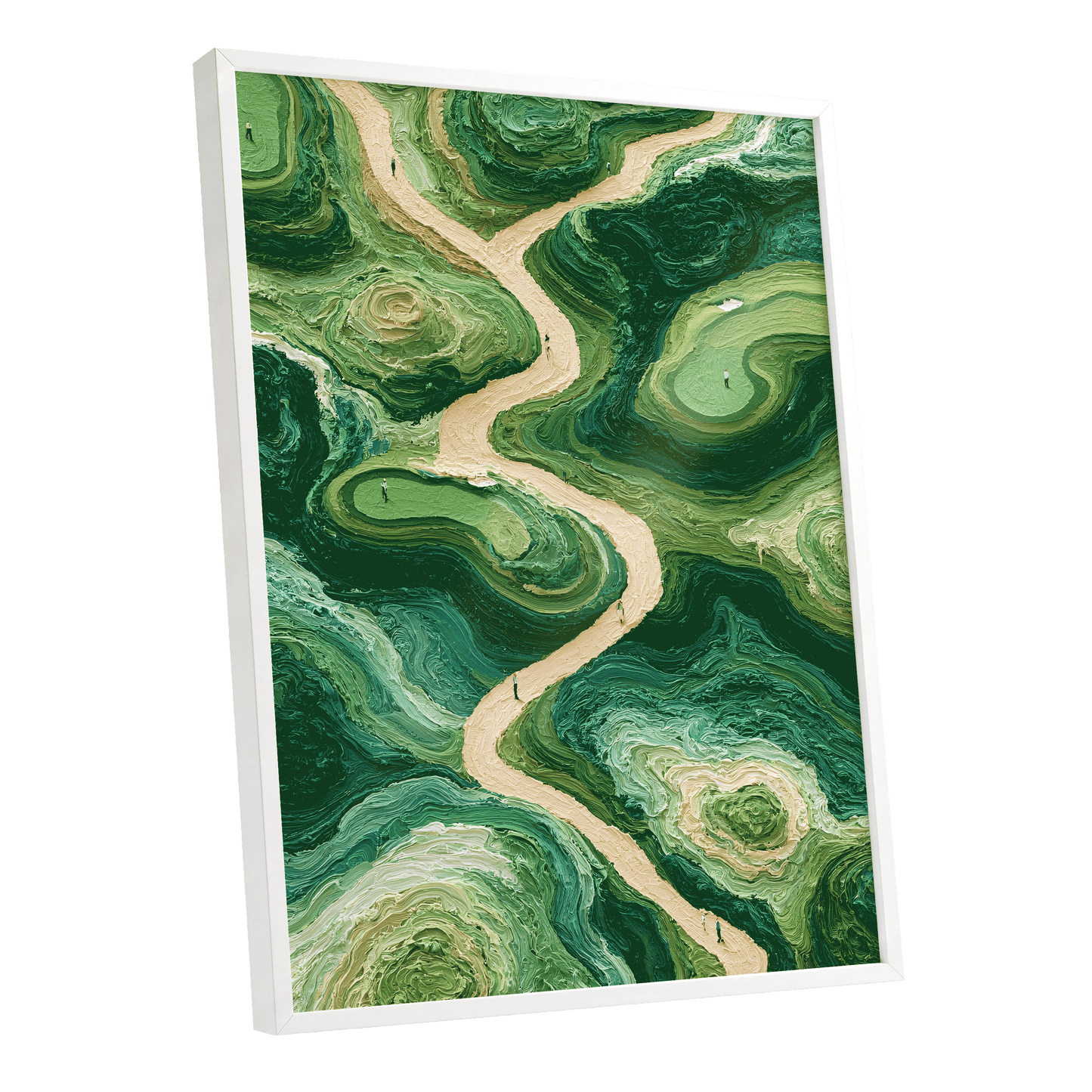 Emerald Pathways, green, beige, black nature wall art shown as a white framed poster wall art print