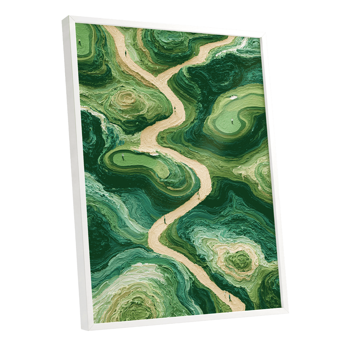 Emerald Pathways, green, beige, black nature wall art shown as a white framed poster wall art print