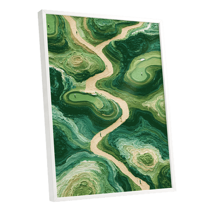 Emerald Pathways, green, beige, black nature wall art shown as a white framed poster wall art print